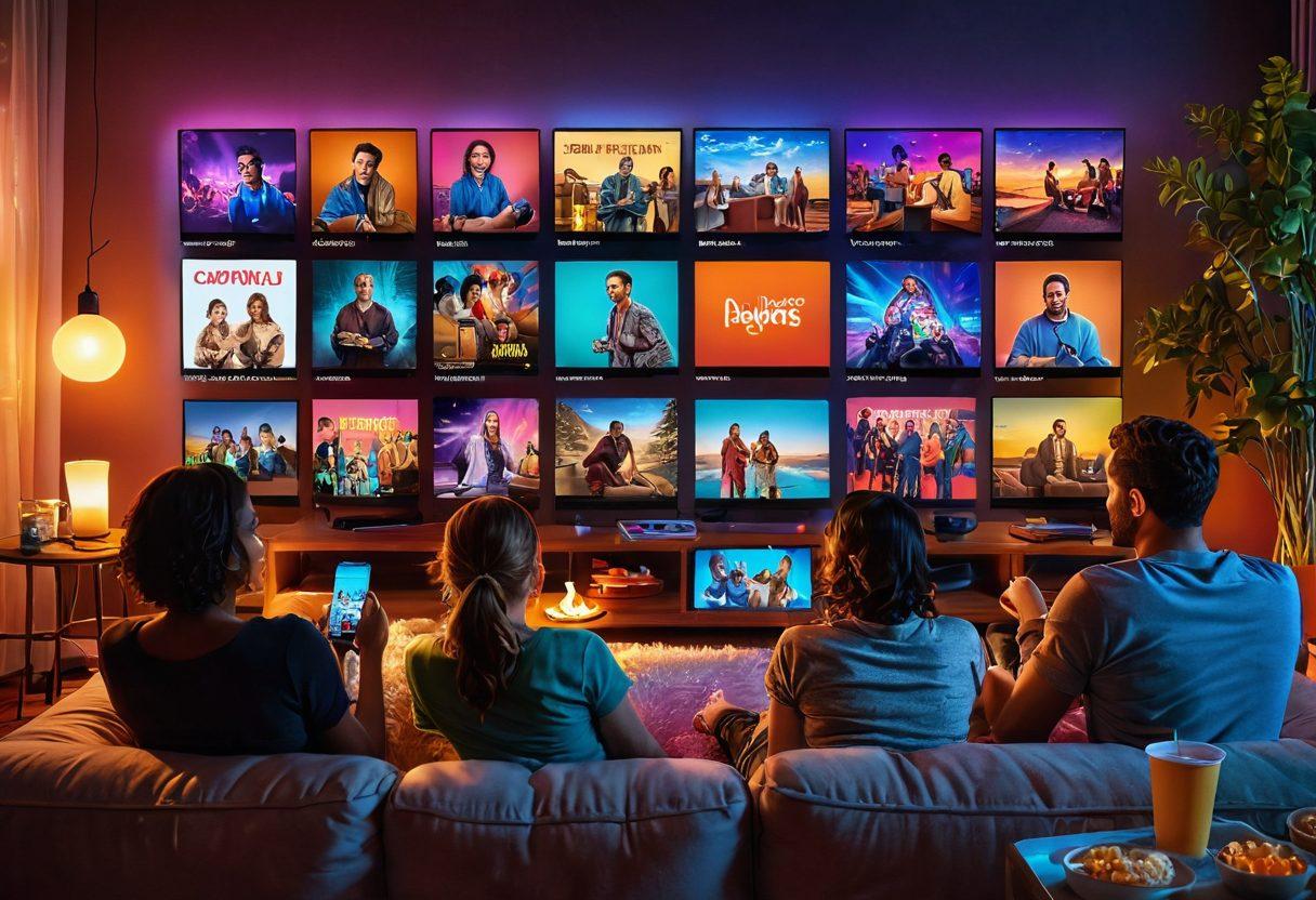 A vibrant digital collage featuring diverse adults enjoying streaming content on various devices in a cozy living room. The scene includes a large TV displaying colorful movie posters, popcorn scattered around, and a playful cat lounging by the couch. Soft neon lights add an energetic ambiance, suggesting excitement and enjoyment of real-time streaming experiences. super-realistic. vibrant colors. warm lighting.