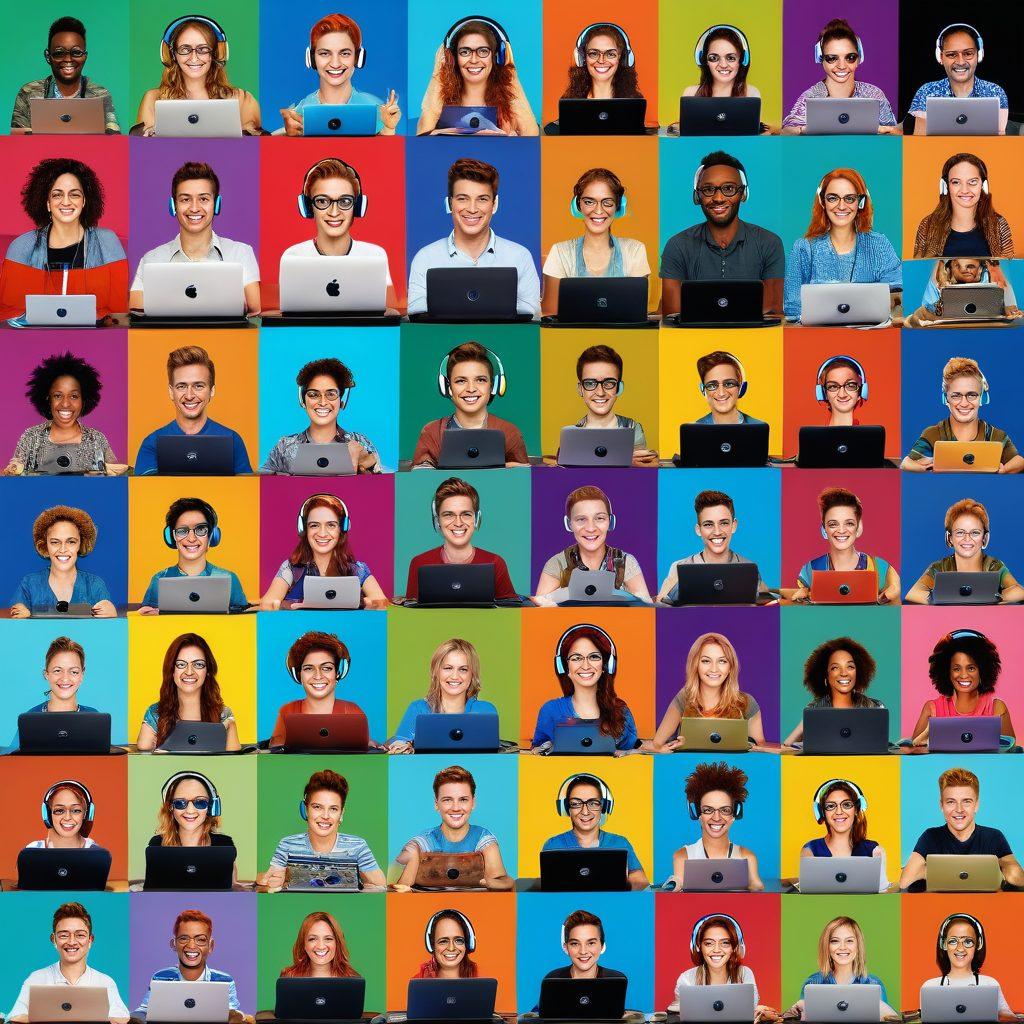 A captivating collage showcasing a diverse group of individuals engaged in exhilarating webcam adventures, featuring elements of excitement and connection. Include a vibrant mix of colorful backgrounds symbolizing freedom and exploration, with modern technology like laptops and headphones incorporated. The image should evoke a sense of adventure, intimacy, and fun. Artistic style: super-realistic, vibrant colors, dynamic composition.